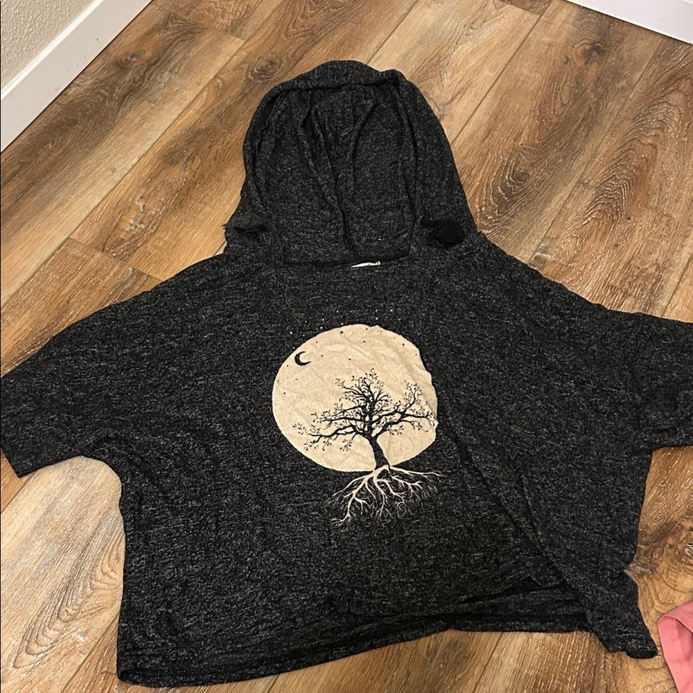 Off-the-Shoulder Black Sweater with Tree Design